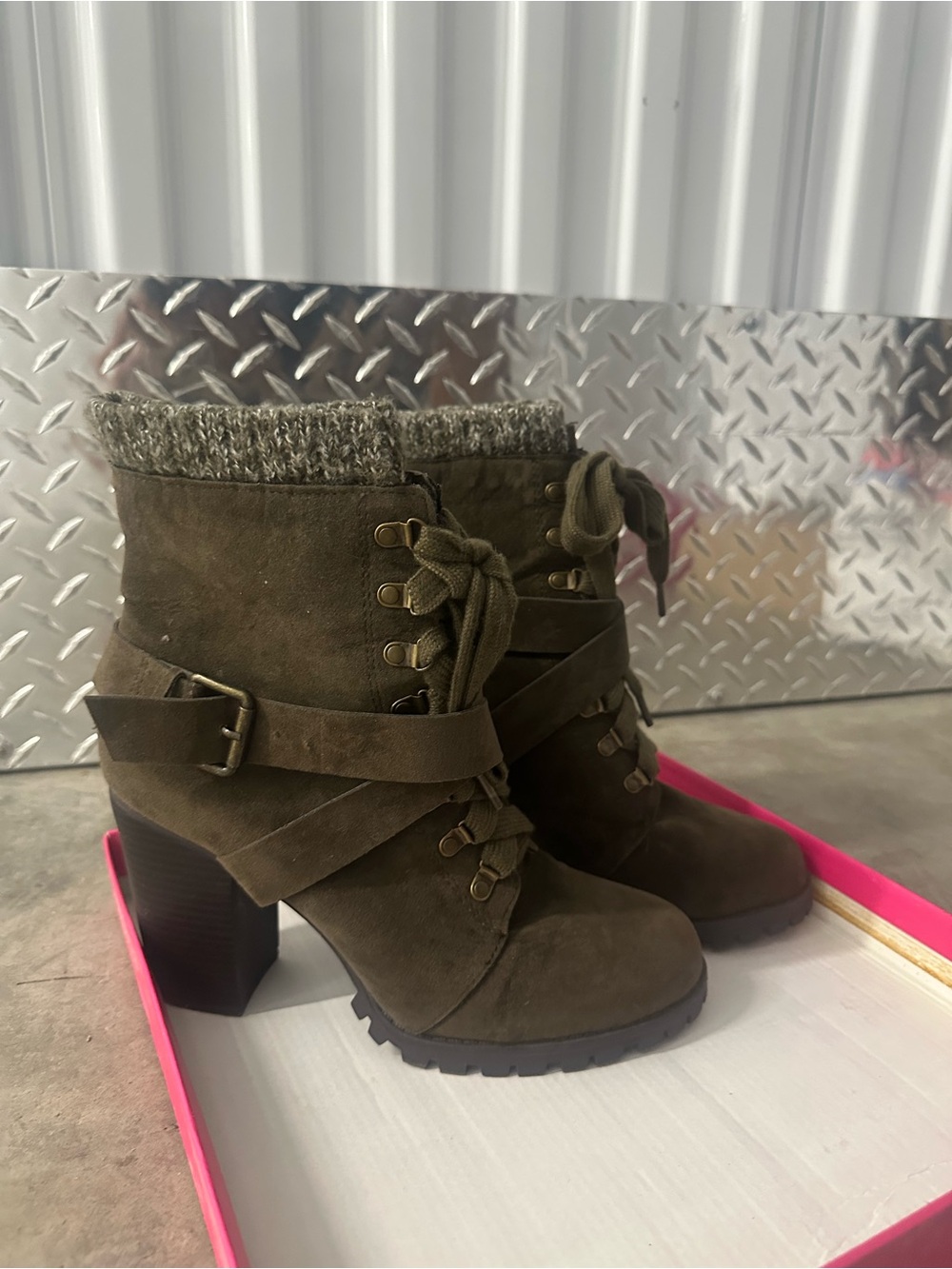 Olive green heeled boots